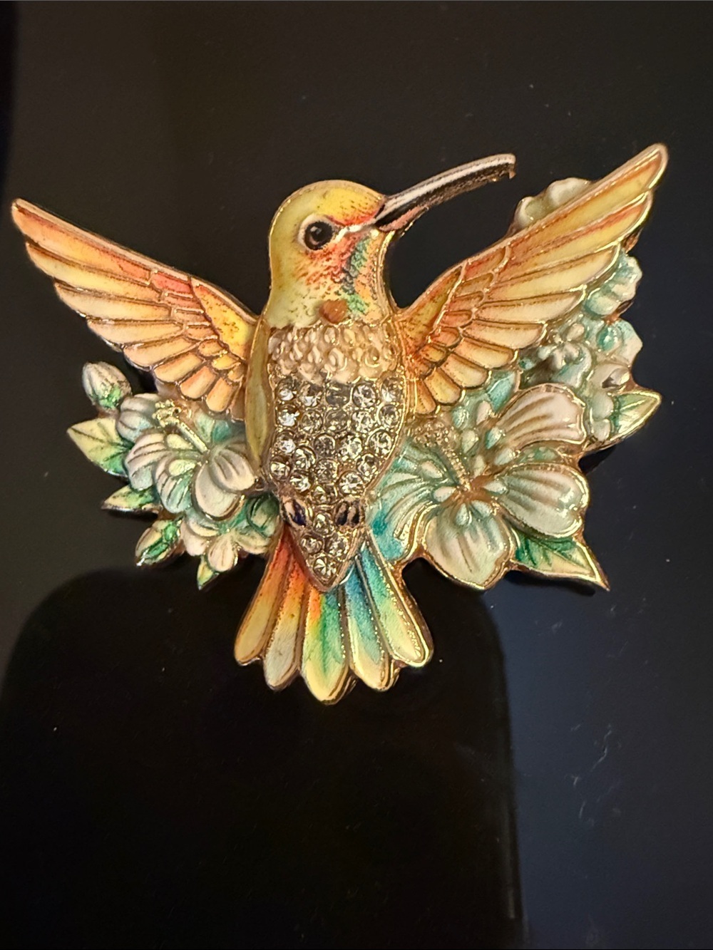 Hummingbird Brooch Pin in Gold-Tone with Multicolor Enamel and Crystals
